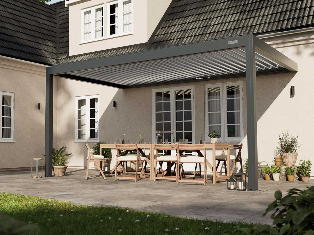 PERGOLUX Pergola S2 Pergola PERGOLUX Anthrazit Pergola mit weißem Lamellendach 3x5m Wandmontage