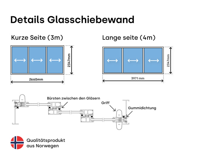 Details Glasschiebewand kurze und lange Seite